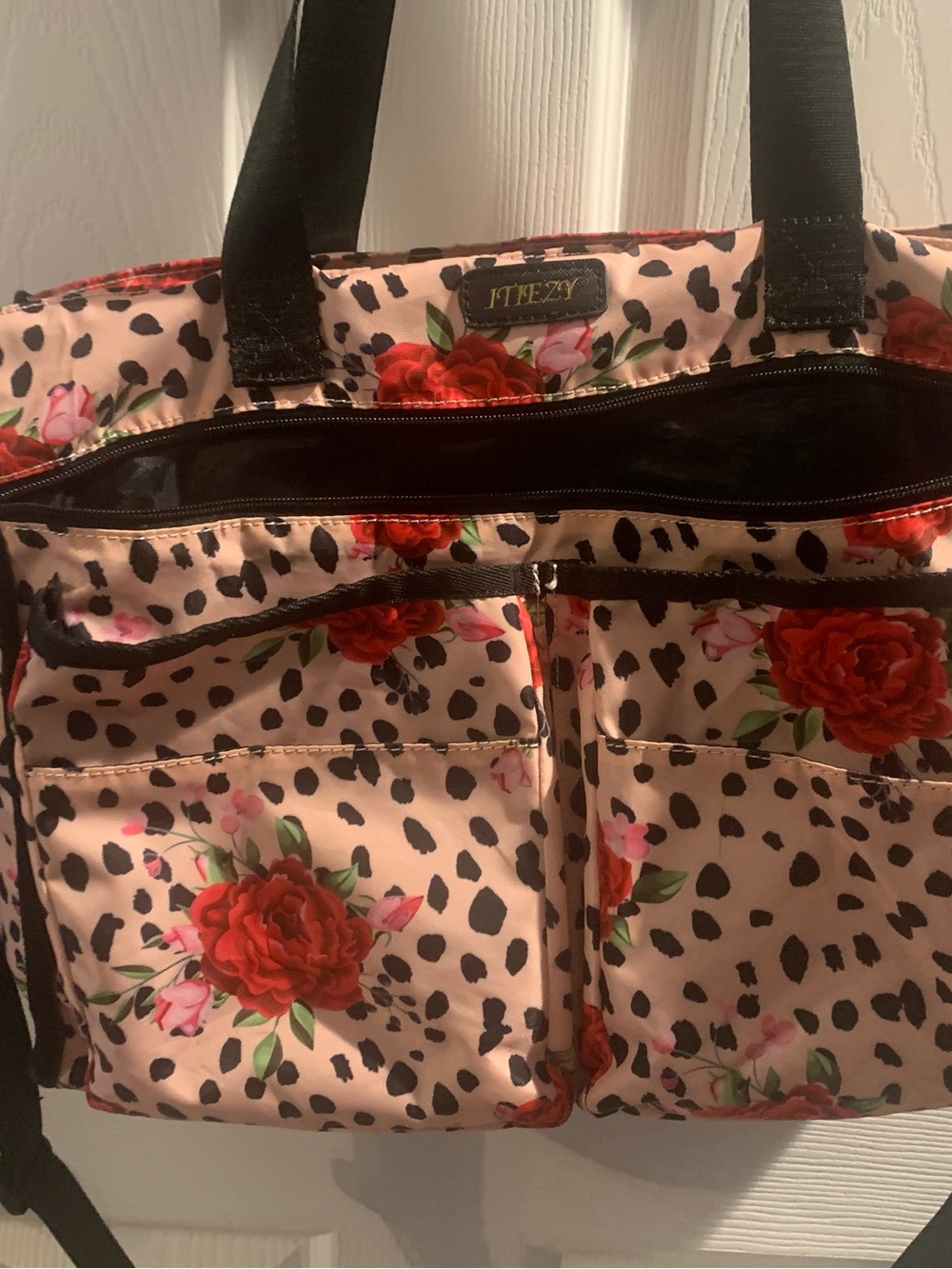 Floral & Leopard Print Tote Bag in Blush with Red Roses
